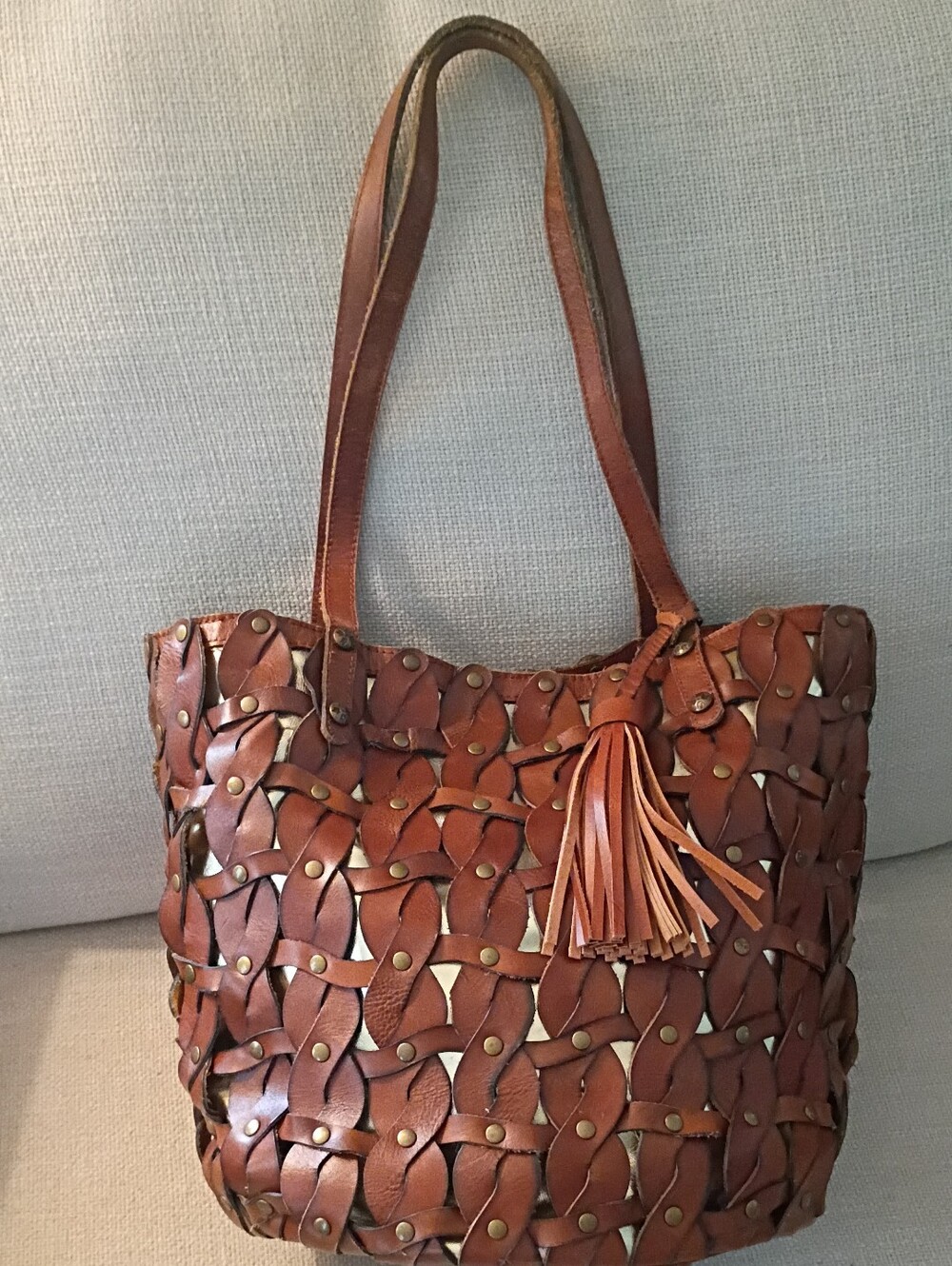 Patricia Nash Twisted Braid Mizzana Toast Brown Italian Leather Tassel Tote